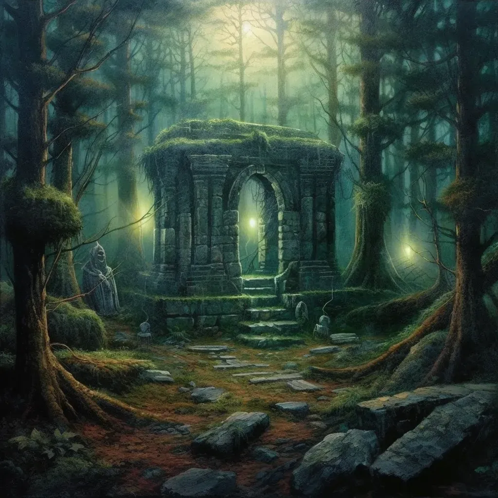 Mystical Druid grove in a forest with stone altar and ancient trees under moonlight - Image 3