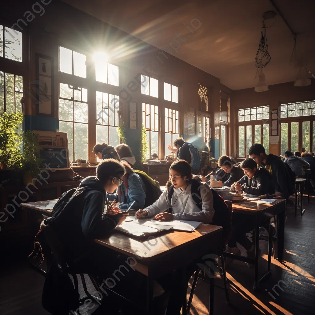 Classroom scene with students writing in notebooks during morning hours. - Image 1