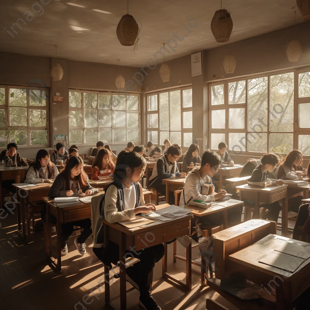 Classroom scene with students writing in notebooks during morning hours. - Image 2