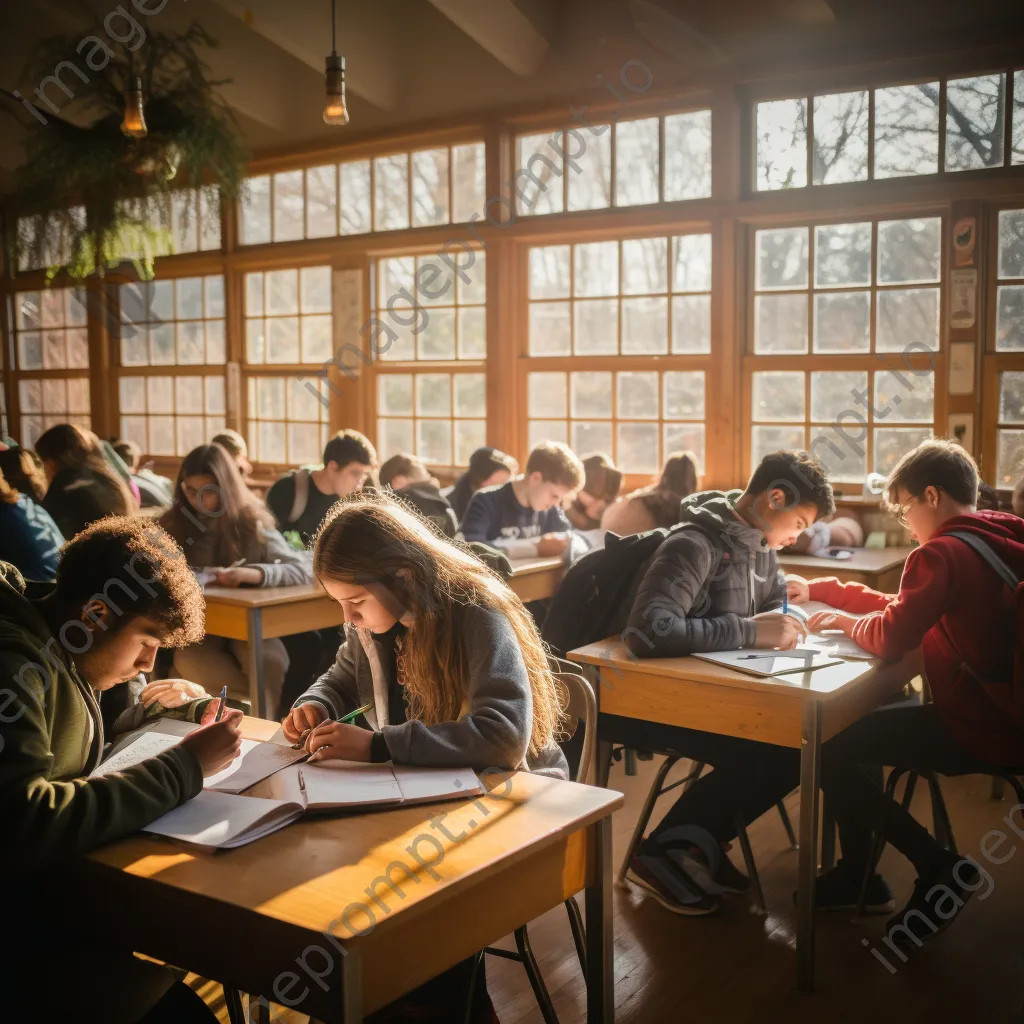 Classroom scene with students writing in notebooks during morning hours. - Image 3