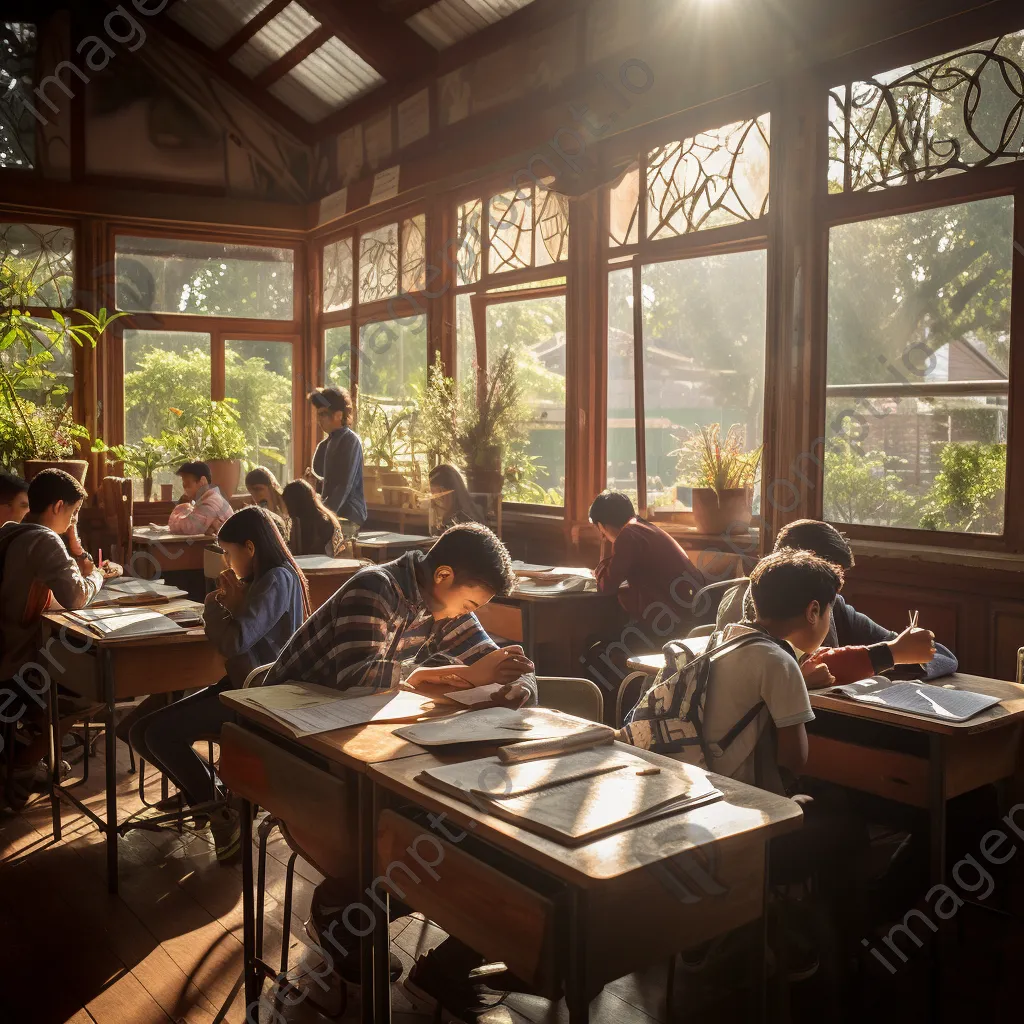 Classroom scene with students writing in notebooks during morning hours. - Image 4