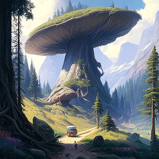 Fantasy land with giant mushrooms and pixie-like creatures - Image 1