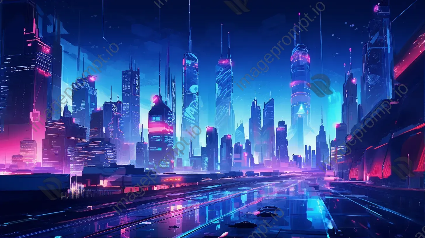 Futuristic low poly cityscape at night with glowing neon colors and hover cars - Image 1