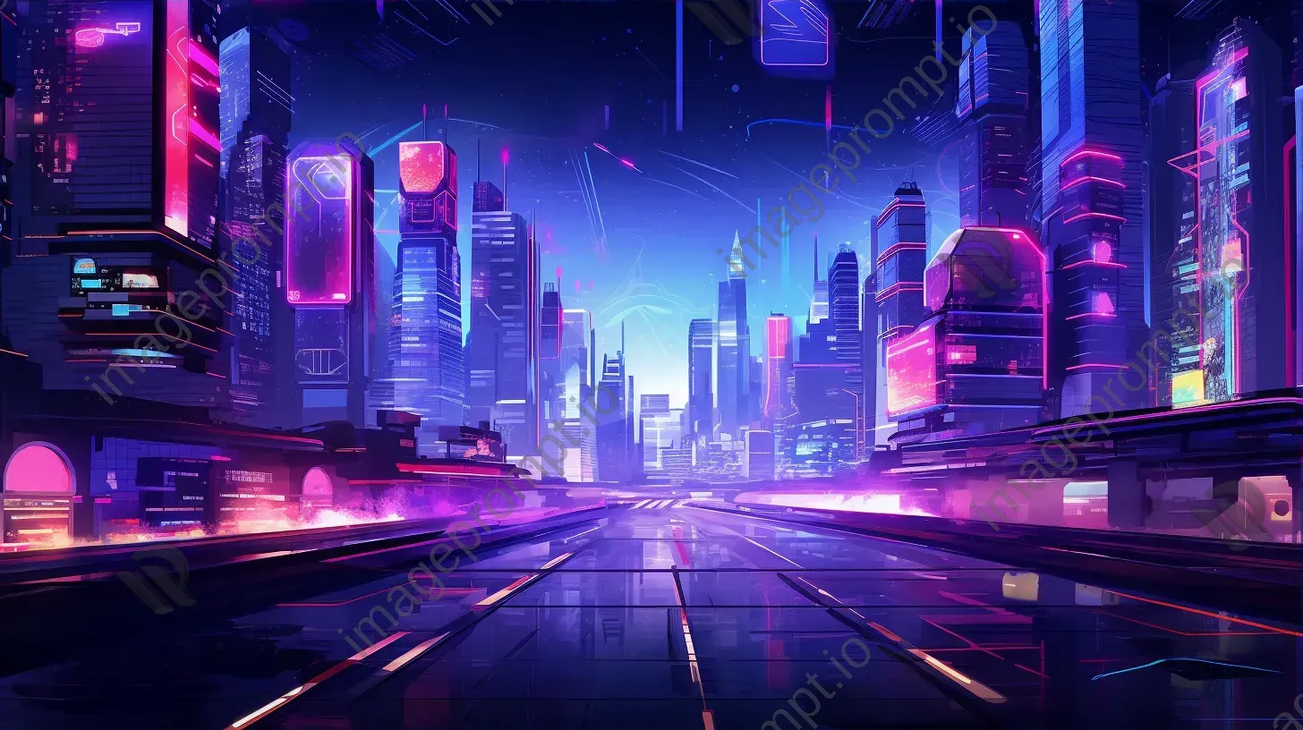 Futuristic low poly cityscape at night with glowing neon colors and hover cars - Image 3