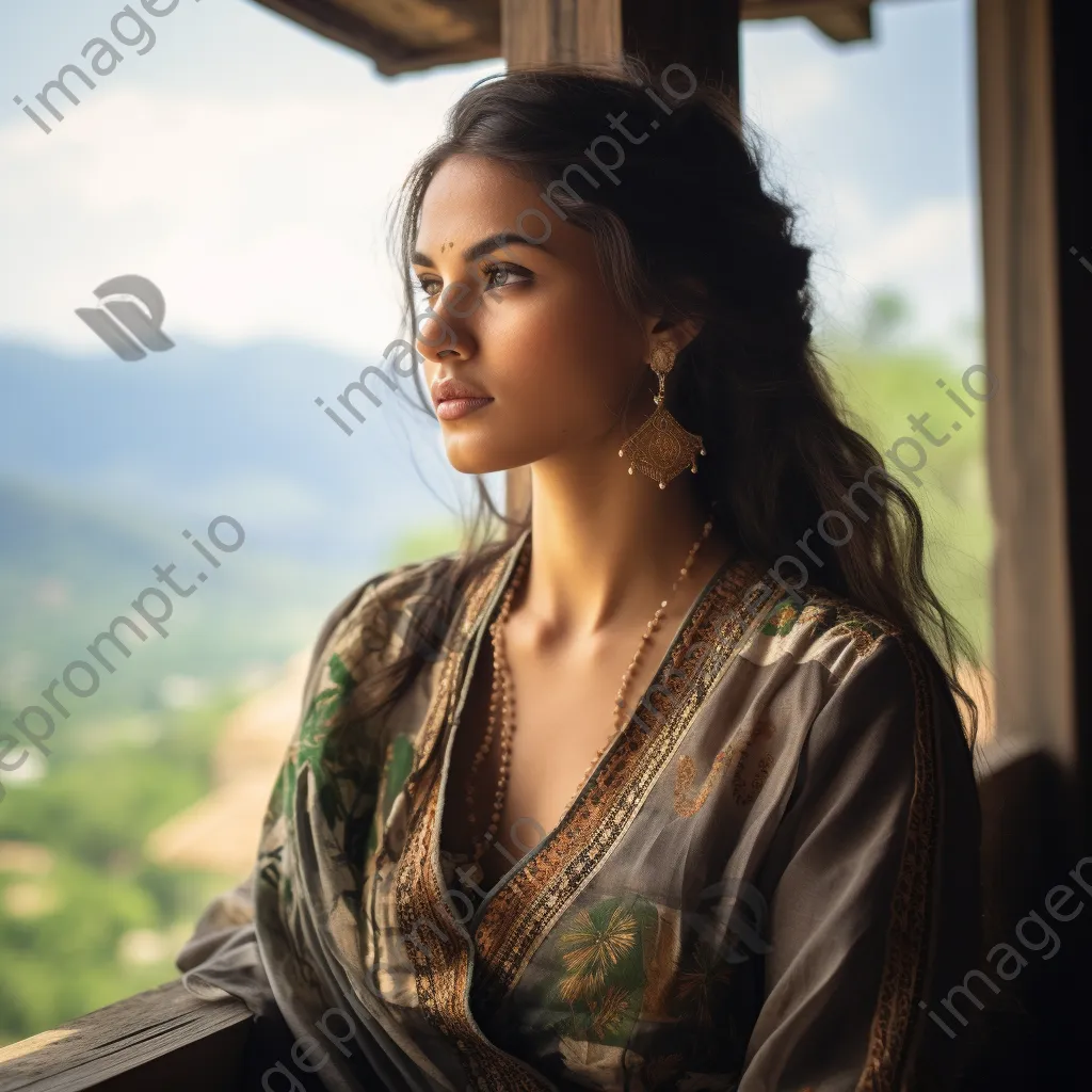 Young woman in traditional clothing gazing at a scenic view - Image 1