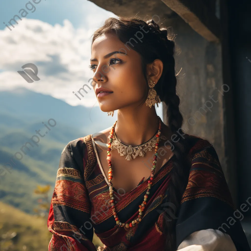 Young woman in traditional clothing gazing at a scenic view - Image 2