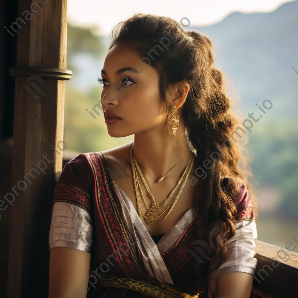 Young woman in traditional clothing gazing at a scenic view - Image 3