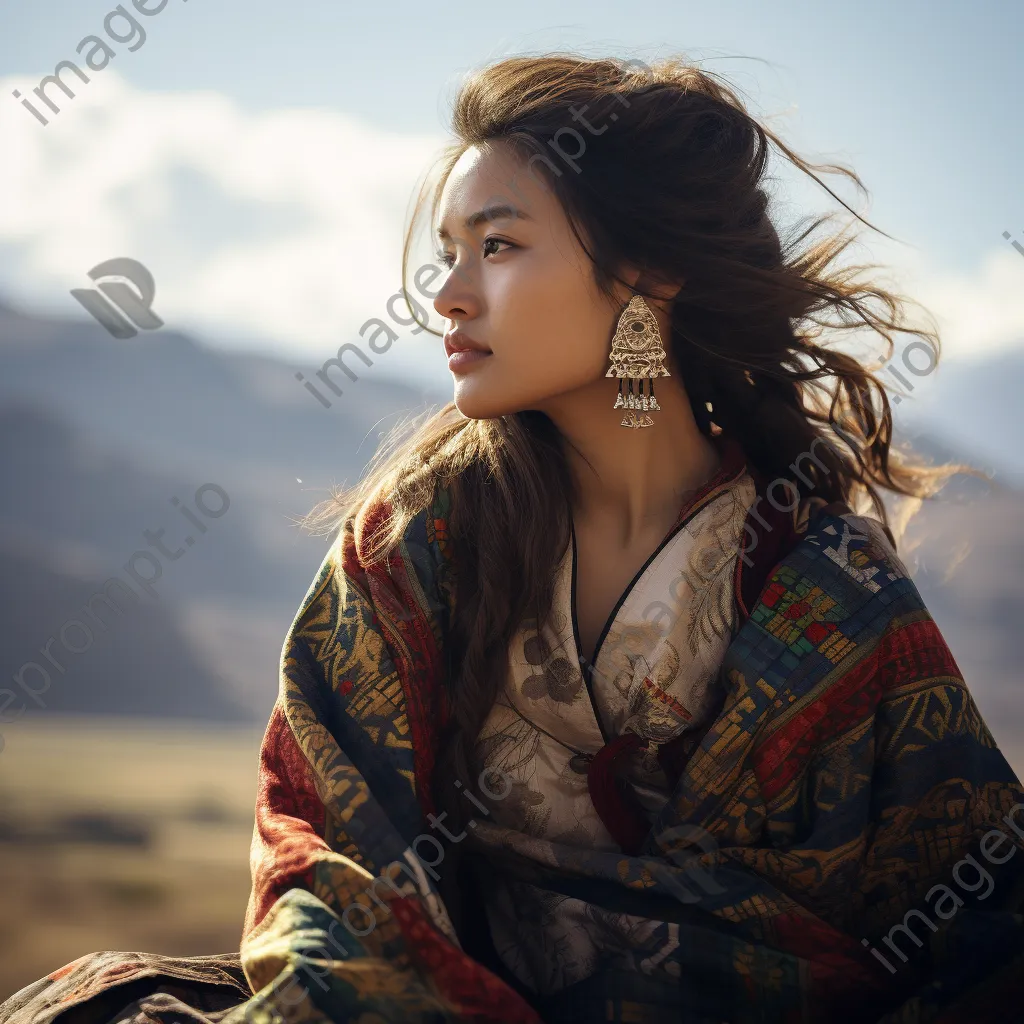 Young woman in traditional clothing gazing at a scenic view - Image 4