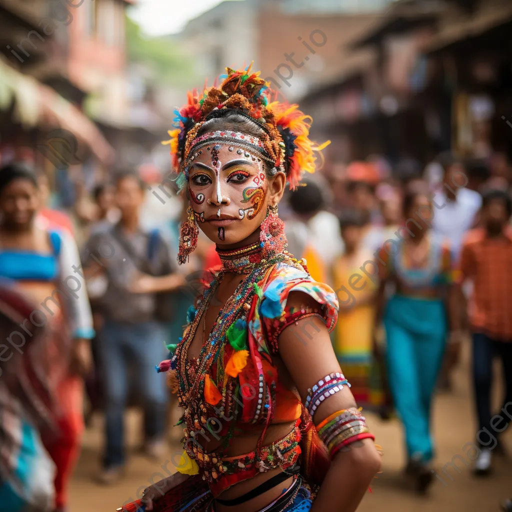 Local dancers in colorful costumes at a cultural festival market - Image 1