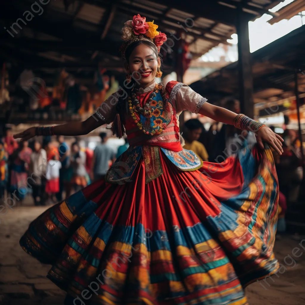 Local dancers in colorful costumes at a cultural festival market - Image 2