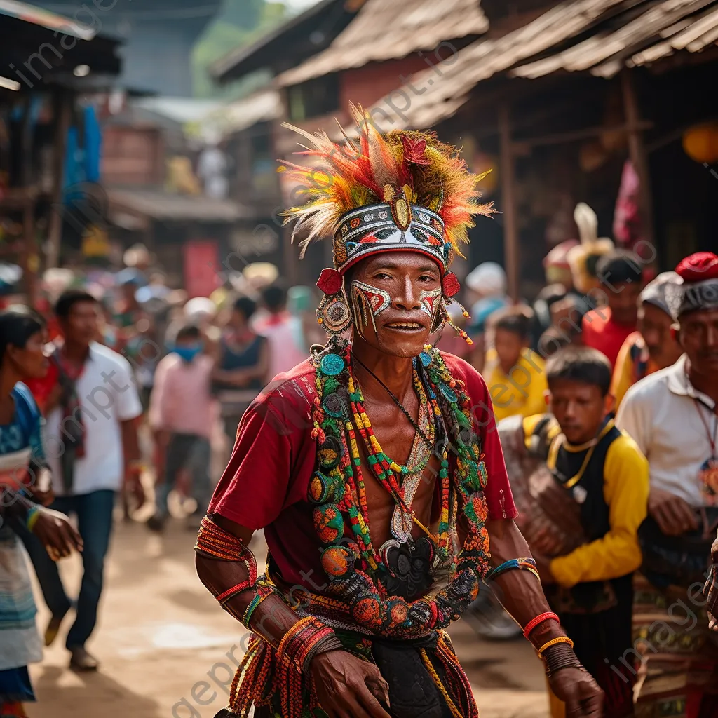 Local dancers in colorful costumes at a cultural festival market - Image 3