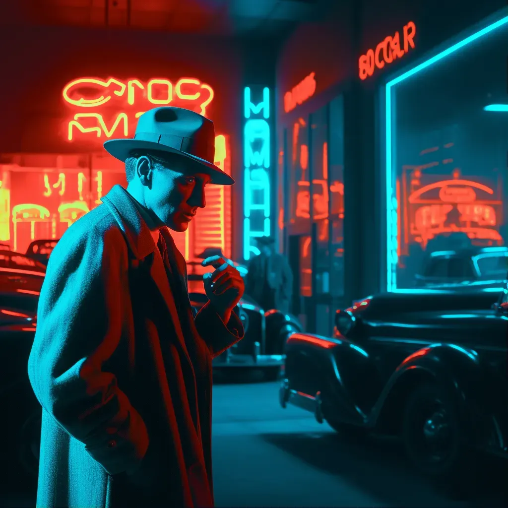 Image of a 1940s style detective in a futuristic noir cityscape with neon signs - Image 1