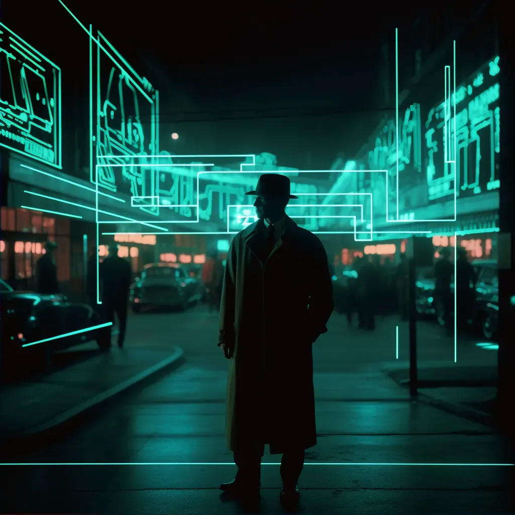 Image of a 1940s style detective in a futuristic noir cityscape with neon signs - Image 2