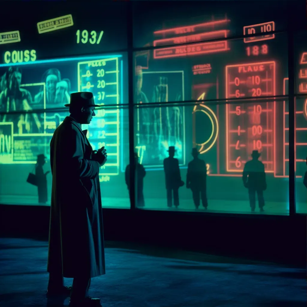 Image of a 1940s style detective in a futuristic noir cityscape with neon signs - Image 3