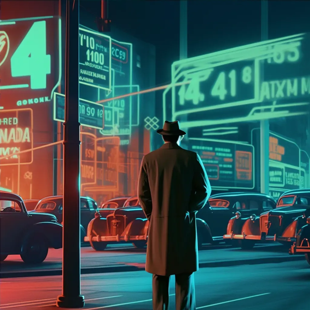 1940s Style Detective in Noir Cityscape with Neon Signs