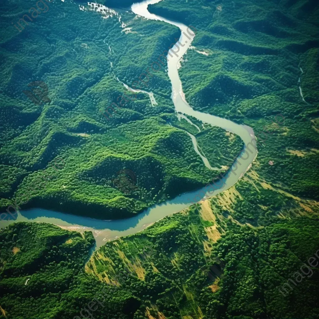 Meandering river flowing through lush green forest seen from airplane window - Image 1