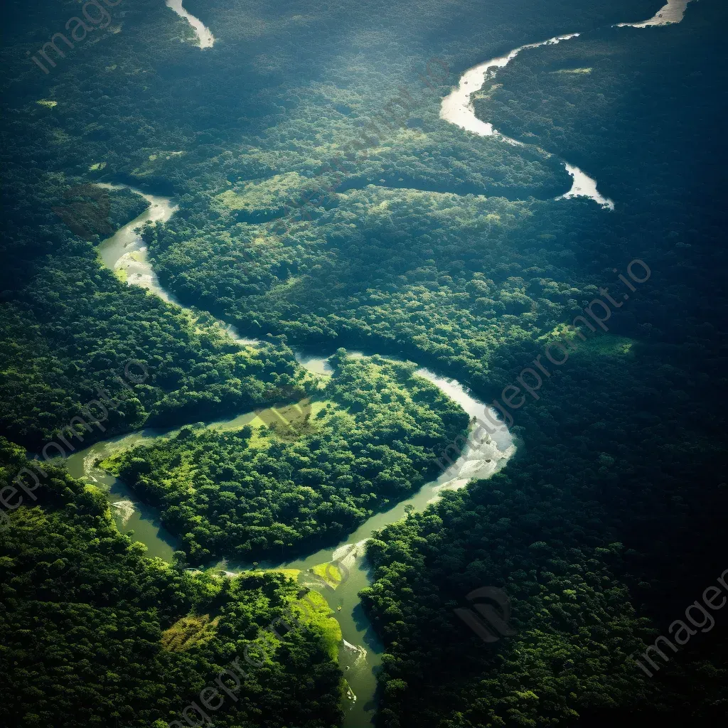 Meandering river flowing through lush green forest seen from airplane window - Image 2