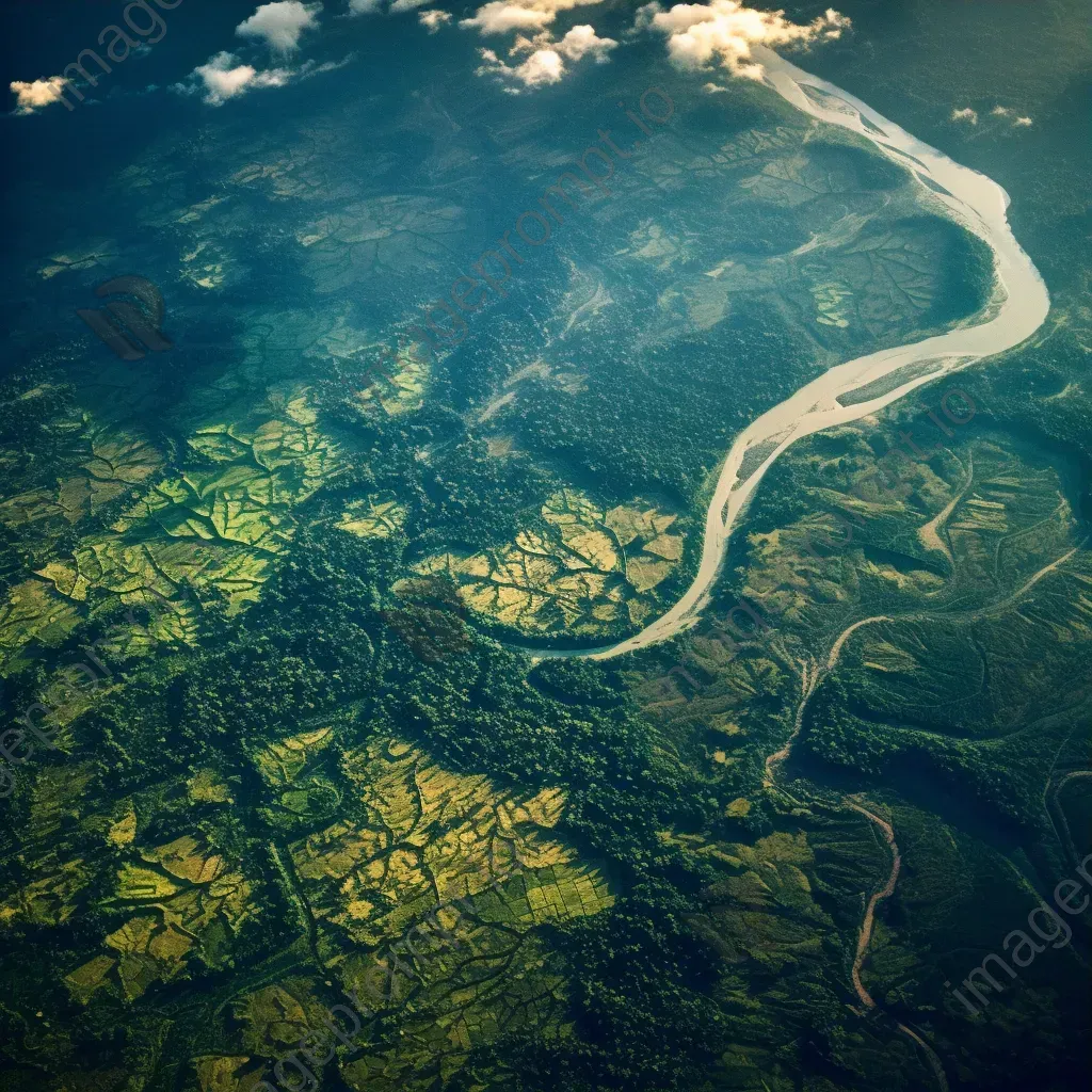 Meandering river flowing through lush green forest seen from airplane window - Image 3