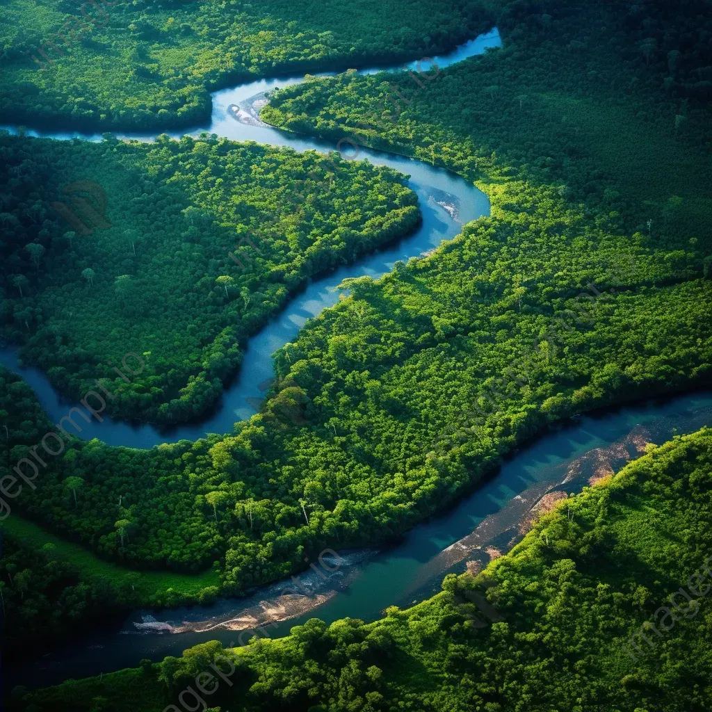 Meandering river flowing through lush green forest seen from airplane window - Image 4