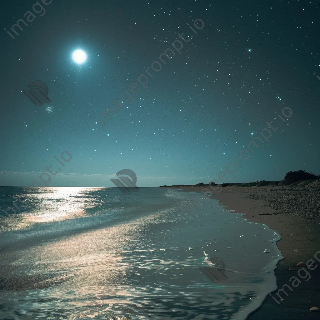 Starry sky above a tranquil beach with full moon - Image 1