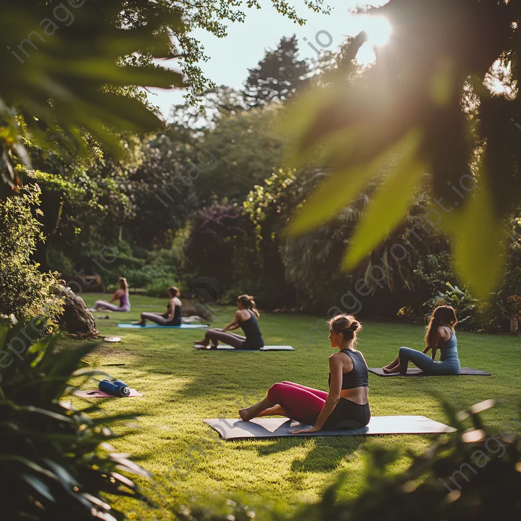 Participants performing Pilates exercises outdoors in a lush garden on sunny day. - Image 3