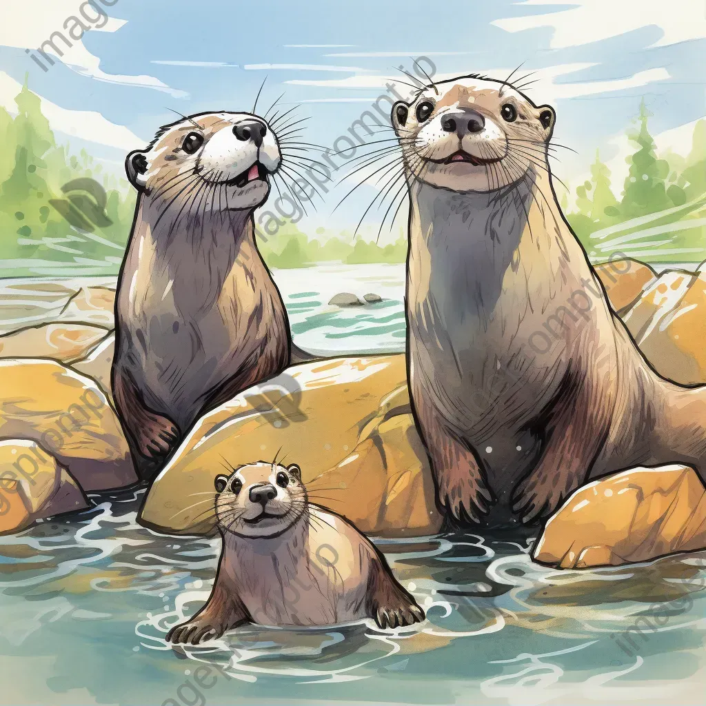 Comic art style painting of playful otters with expressive and dynamic movements - Image 1