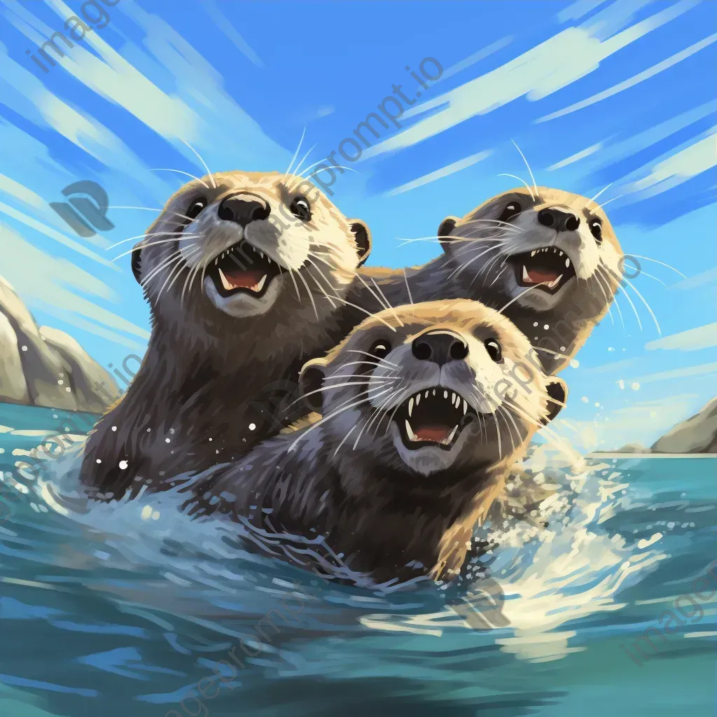 Comic art style painting of playful otters with expressive and dynamic movements - Image 3