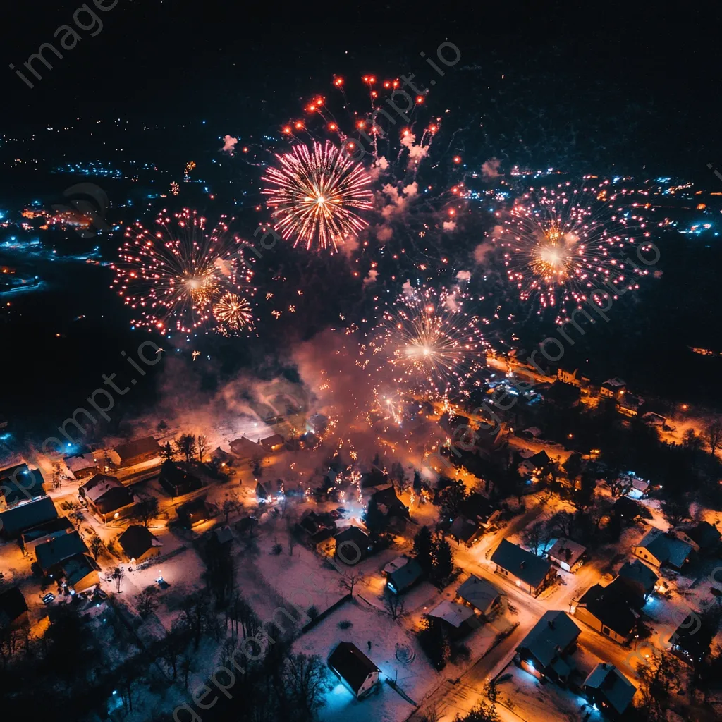 Aerial view of fireworks illuminating a small town