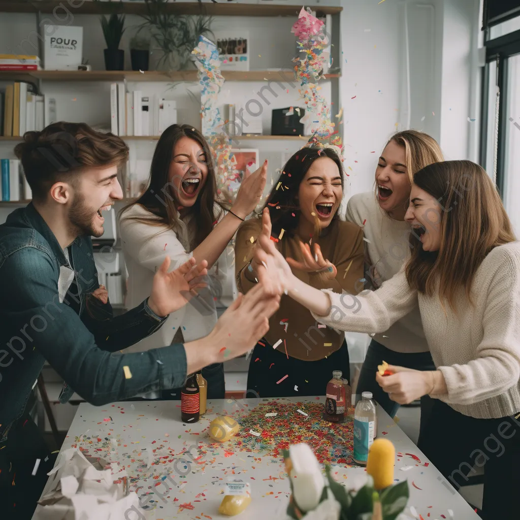 Team members celebrating with confetti in a lively office setting - Image 1