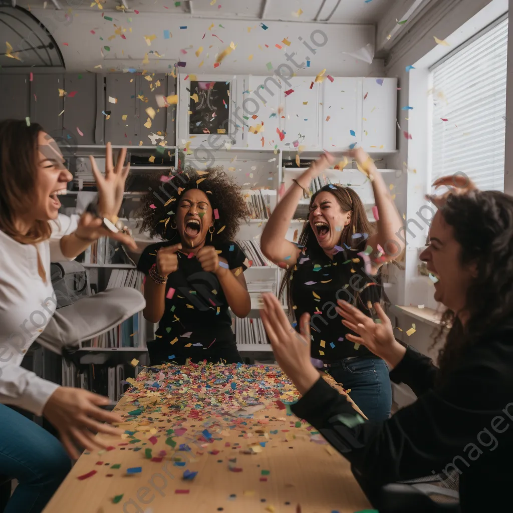 Team members celebrating with confetti in a lively office setting - Image 2