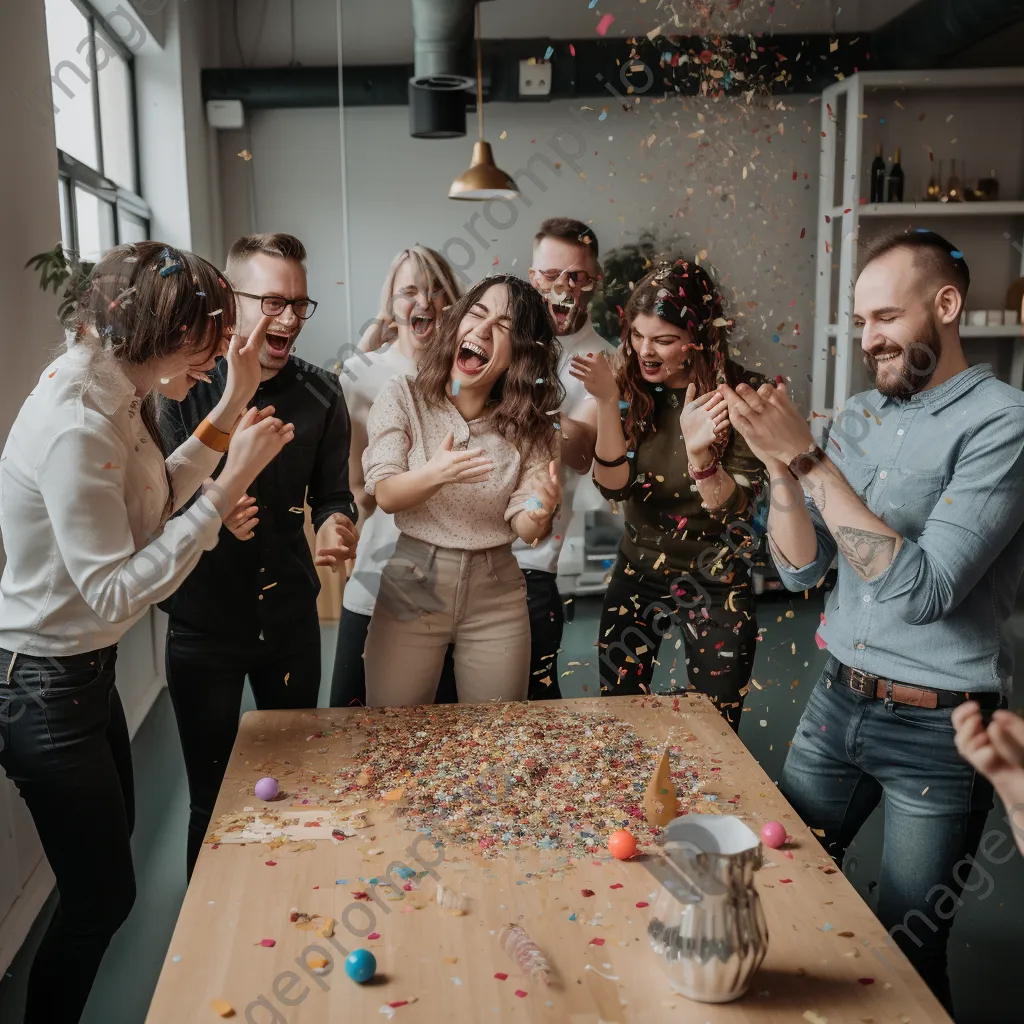 Team members celebrating with confetti in a lively office setting - Image 3