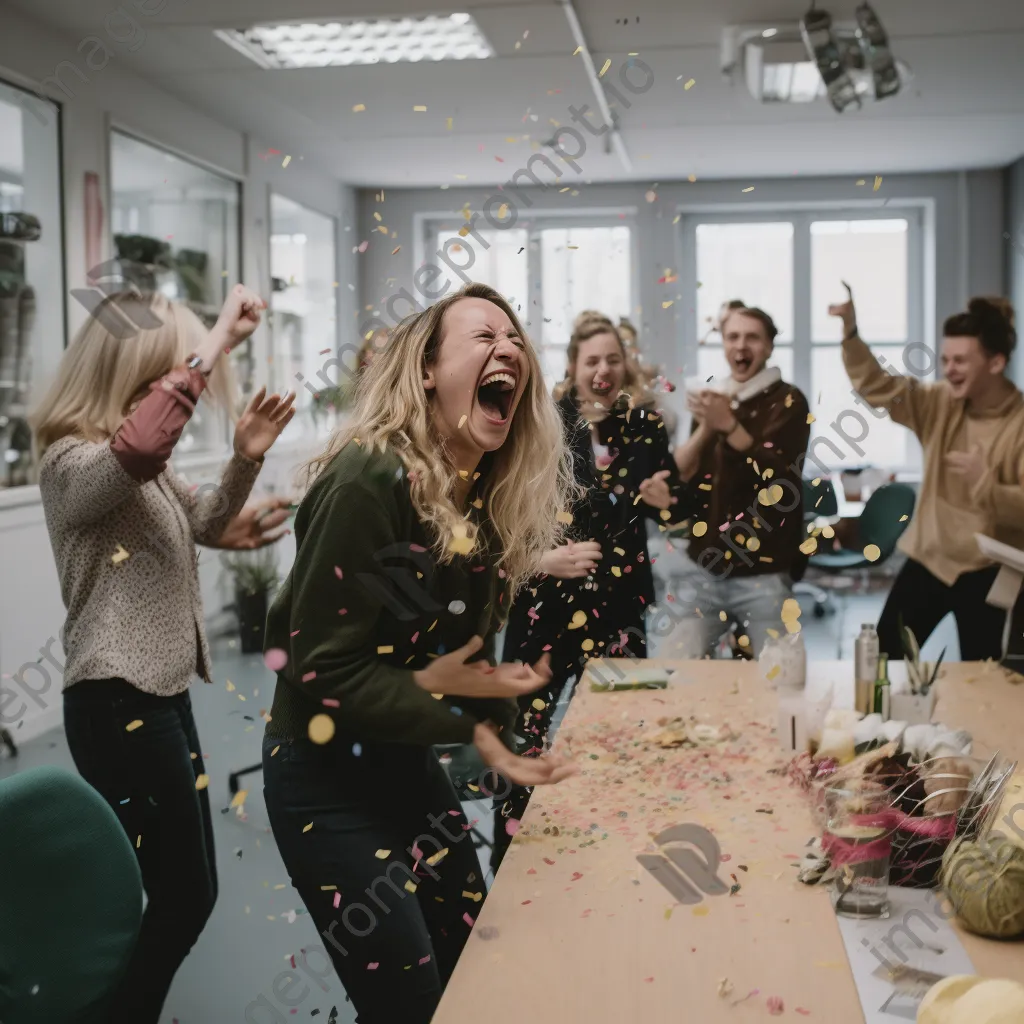 Team members celebrating with confetti in a lively office setting - Image 4