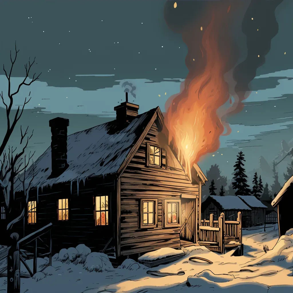 Snowy evening in rural cabin with warm light and chimney smoke - Image 3