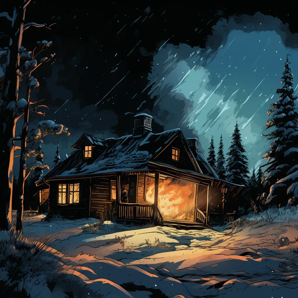 Snowy evening in rural cabin with warm light and chimney smoke - Image 4