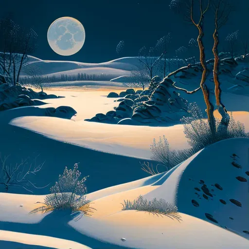 Snowy landscape under full moonlight with long blue shadows - Image 1