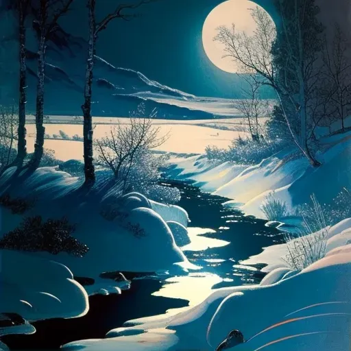 Snowy landscape under full moonlight with long blue shadows - Image 2