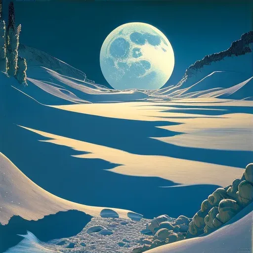 Snowy landscape under full moonlight with long blue shadows - Image 3