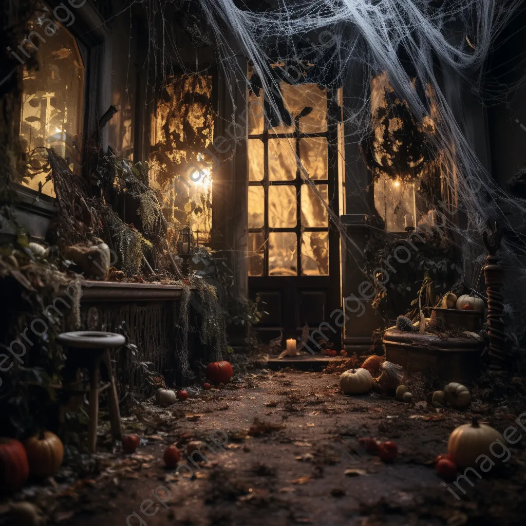 Haunted entryway with cobwebs and skeletons under fairy lights - Image 1