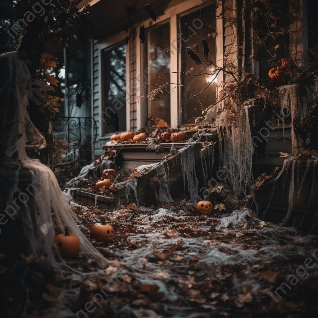 Haunted entryway with cobwebs and skeletons under fairy lights - Image 2