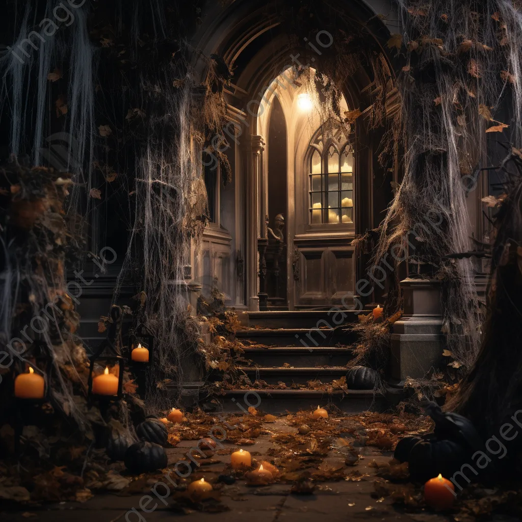 Haunted entryway with cobwebs and skeletons under fairy lights - Image 4