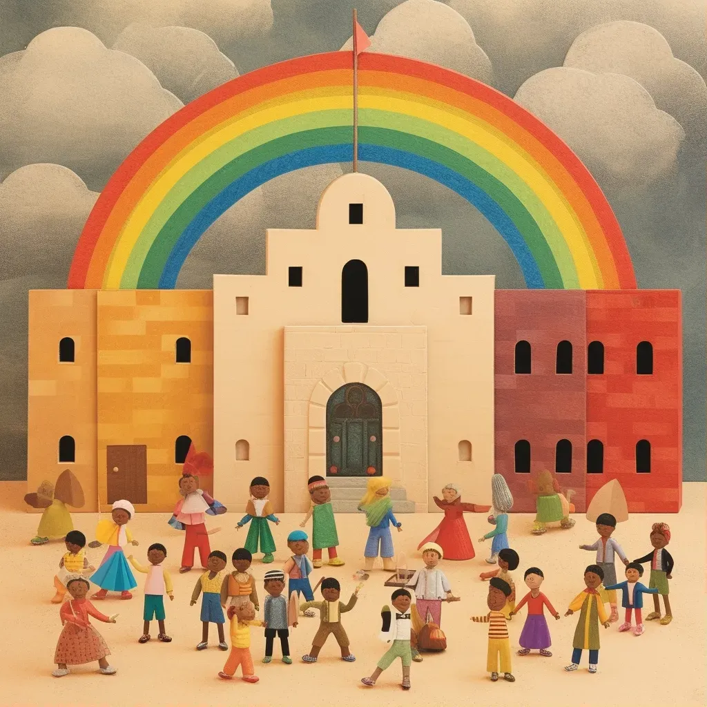 Group of children playing under a colorful rainbow - Image 1