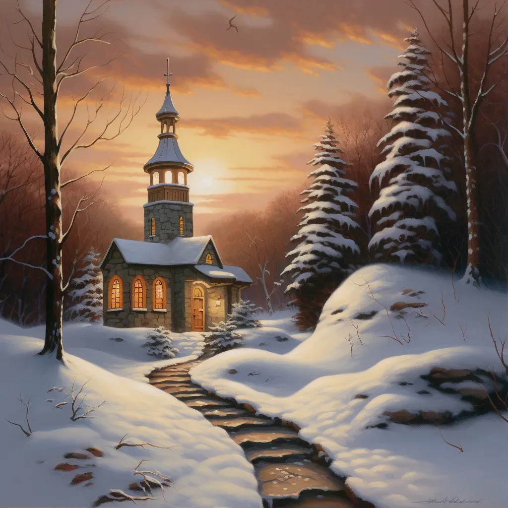 Serene Christian chapel in a snowy landscape with bell tower and candle-lit windows - Image 1