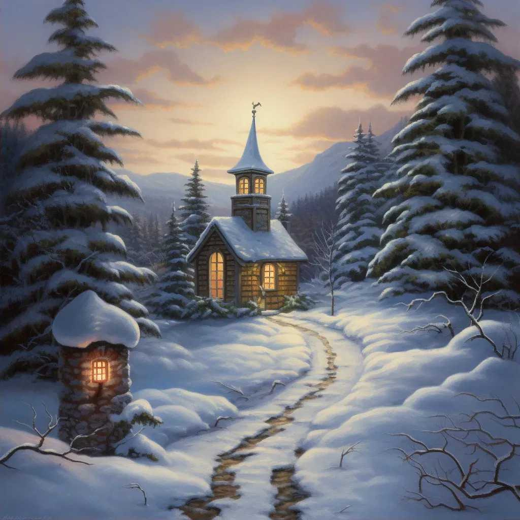 Serene Christian chapel in a snowy landscape with bell tower and candle-lit windows - Image 2