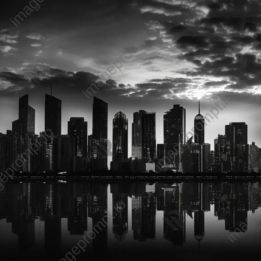 Black and white urban skyline silhouette at dusk with skyscrapers - Image 1