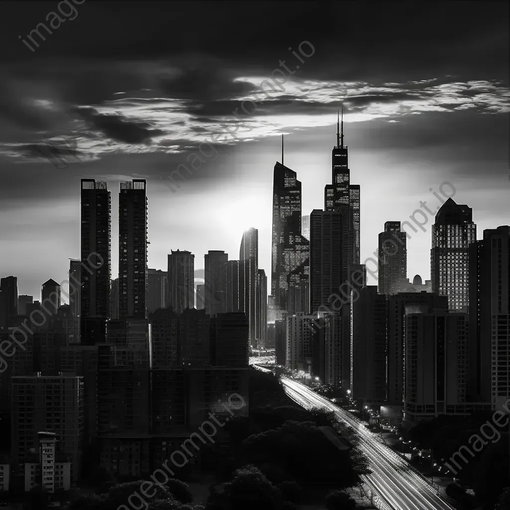 Black and white urban skyline silhouette at dusk with skyscrapers - Image 3