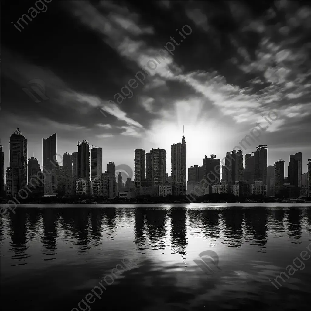 Black and white urban skyline silhouette at dusk with skyscrapers - Image 4