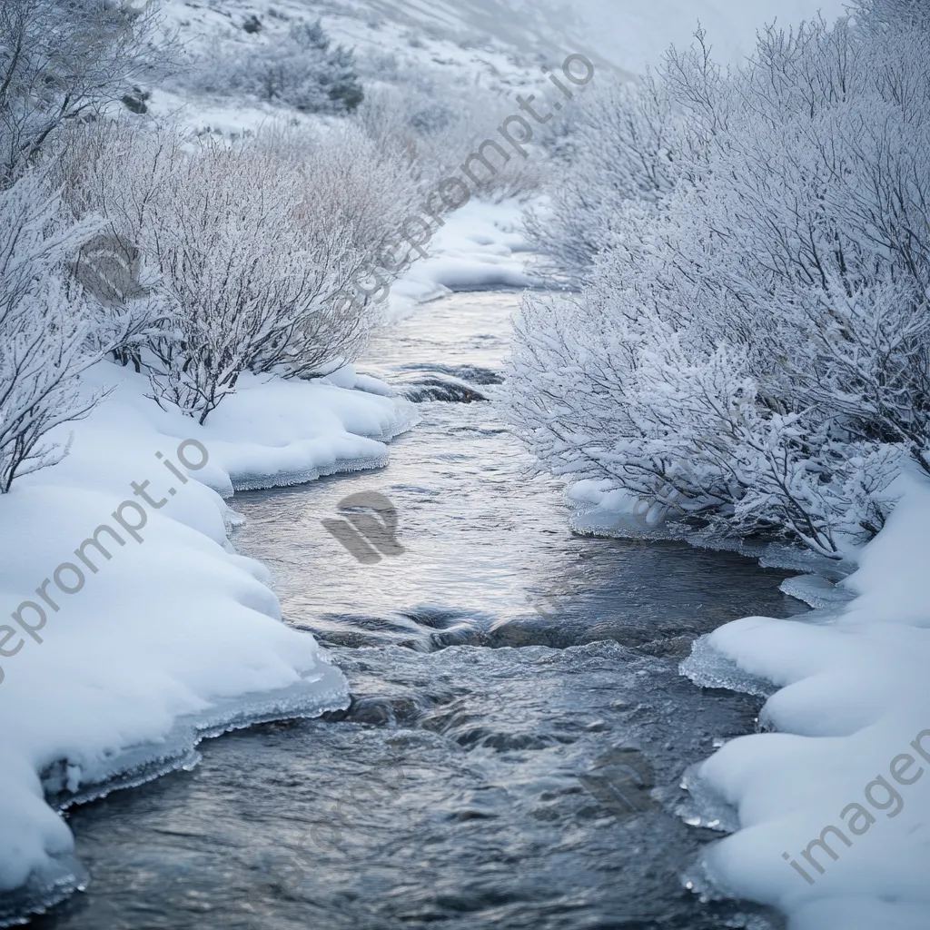 Crystal-clear mountain stream winding through snowy landscape with frost-covered branches. - Image 1