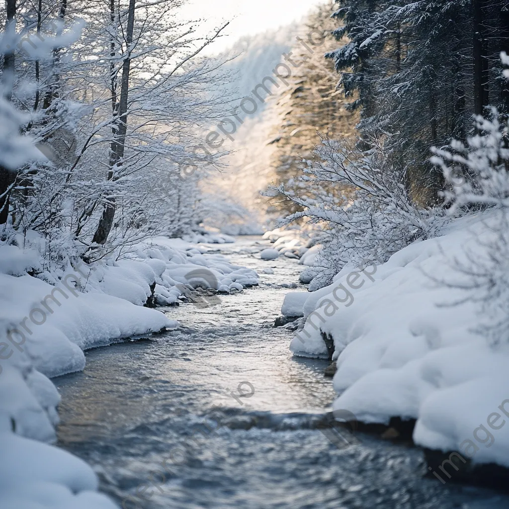 Crystal-clear mountain stream winding through snowy landscape with frost-covered branches. - Image 2