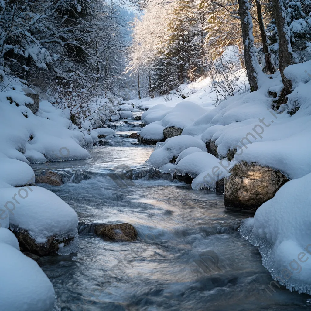 Crystal-clear mountain stream winding through snowy landscape with frost-covered branches. - Image 3