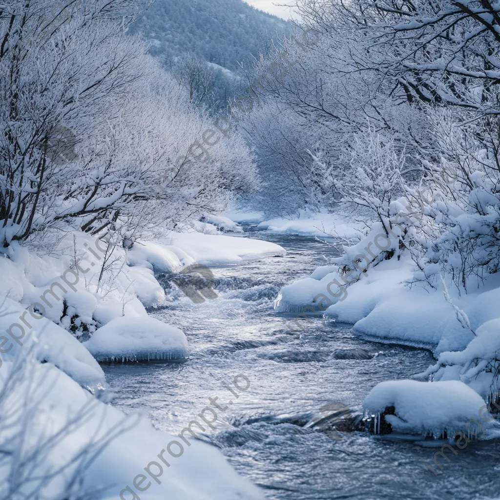 Crystal-clear mountain stream winding through snowy landscape with frost-covered branches. - Image 4